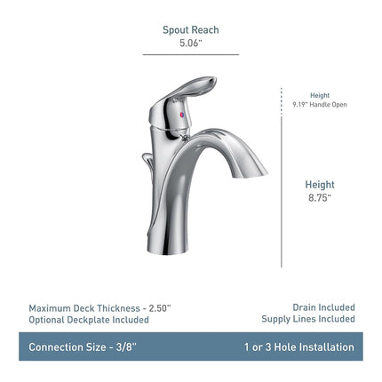 Moen Eva Chrome One-Handle Single Hole Bathroom Sink Faucet with Optional Deckplate and Available Vessel Sink Extension Kit, 6400