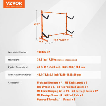 VEVOR Freestanding Kayak Storage Rack, Kayak Stand for 2 Kayak Canoe Paddleboard, Heavy-duty Steel Kayak Hanger Holder with Padded Arms and Adjustable Width, 79.5kg Max Load, for Indoor Outdoor Garage