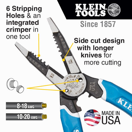 Klein Tools K12065CR Wire Stripper/Cutter/Crimper Tool for Cutting, Stripping, Crimping, Twisting (8-18 AWG Solid, 10-20 AWG Stranded)