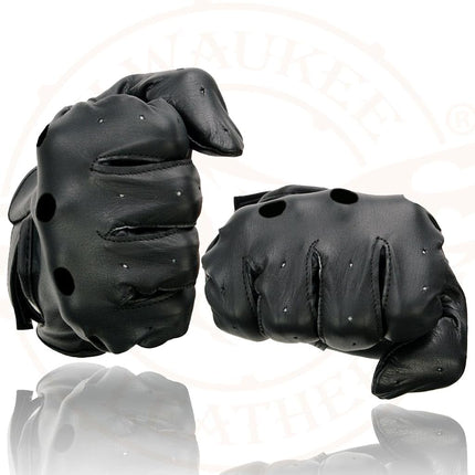 Gants de moto Milwaukee Leather SH247 en cuir noir perforé pour hommes, avec doigts pleins et « articulation ouverte » respirante – Petite taille