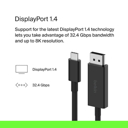 Belkin USB C to DisplayPort 1.4 Cable 2m 32.4Gbps 8K 60Hz 4K 144Hz Black