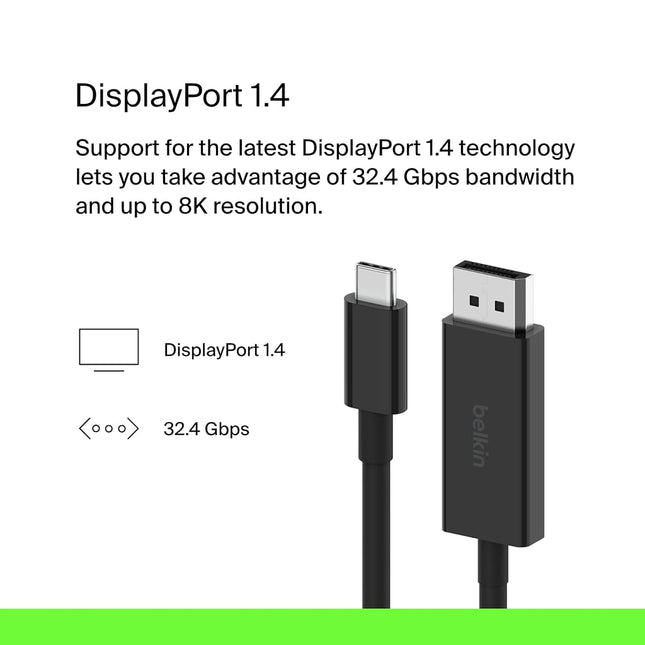 Belkin USB C to DisplayPort 1.4 Cable 2m 32.4Gbps 8K 60Hz 4K 144Hz Black
