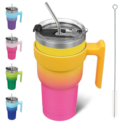 BJPKPK Vaso con asa y tapa con popote de 887 ml, de acero inoxidable, con aislamiento, para café, para el hogar, la oficina o el automóvil, rosa y amarillo rosa