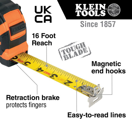 Klein Tools 9216 Tape Measure, 16-Foot Double-Hook Double-Sided Measuring Tape, Magnetic with Retraction Speed Break and Metal Belt Clip