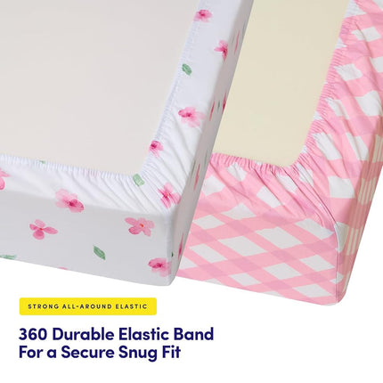 Paquete de 2 sábanas para cuna de niños y niñas – Ajuste elástico completo para colchones de cuna estándar (28″×52″) – Estampados elegantes de animales de zoológico, plumas, cuadros vichy y pétalos, enredaderas de acuarela, cuadros vichy y pétalos