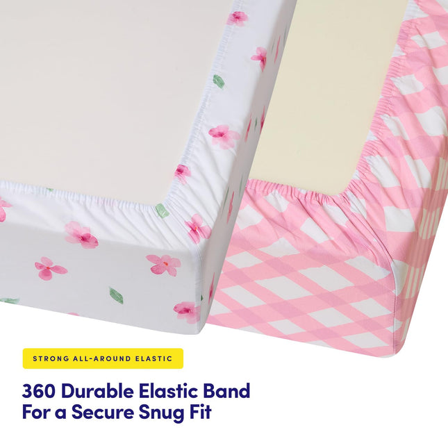 2 Pack Crib Sheets for Boys & Girls – Snug Full Elastic Fit for Standard Crib Mattresses (28″×52″) – Stylish Zoo Animals, Feathers, Gingham & Petals, Watercolor Vines Prints, Gingham & Petals