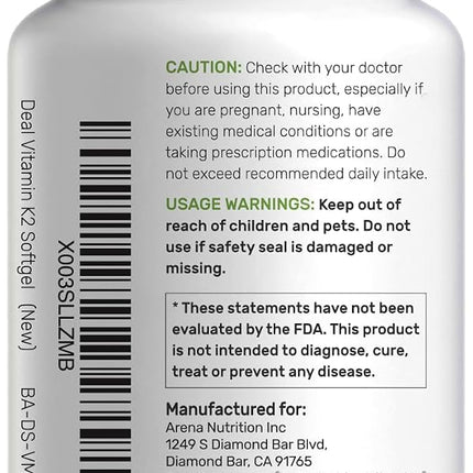 Vitamin K2 MK-7 and MK-4, 150 mcg Per Capsule, 6 Months Supply, Supports Bone Health | Cardiovascular Health - Vitamin K2 Supplement (180 Capsules)