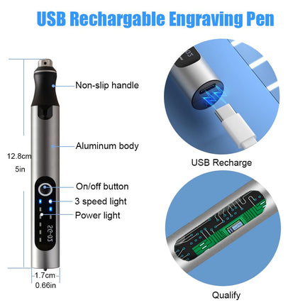 Pluma de grabado recargable por USB con 35 brocas, mini máquina de grabado eléctrico, herramientas rotativas inalámbricas para grabar joyas, piedra, metal, plástico, madera, resina (plateado)