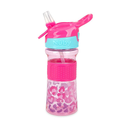 Nuby Thirsty Kids Vaso Entrenador Antiderrame Flip-It con Boquilla Suave - 12 oz - 18+ Meses - Leopardo Rosa - Esenciales para la Vuelta al Cole