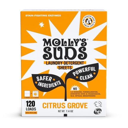 Molly’s Suds Laundry Detergent Sheets | Gentle on Sensitive Skin, Powerful Plant-Based Enzymes, Stain-Fighting | Liquidless & Plastic-Free Packaging | 70 Loads (Citrus Grove)