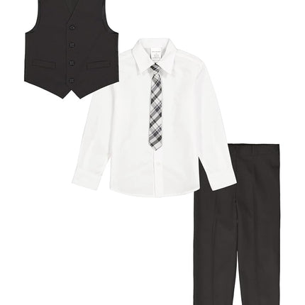Van Heusen Boys' 4-Piece Formal Suit Set, Vest, Pants, Collared Dress Shirt, and Tie, Black/Red Stripe, 8