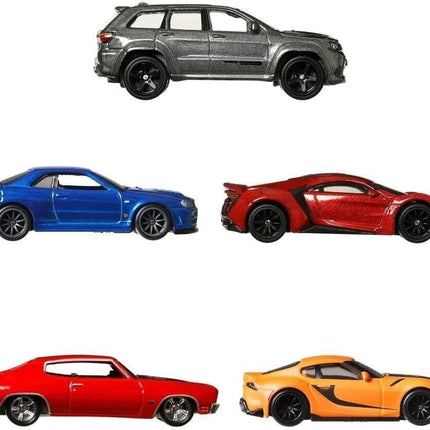 Hot Wheels FAST AND FURIOUS Die Cast PREMIUM COLLECTION BOX Set 5 Car Model - Toyota Supra Chevelle SS Lykan Hypersport Jeep Grand Cherokee Nissan Skyline - Scale 1:64 - length 6cm - HJC15