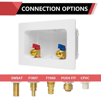 EFIELD Washing Machine Outlet Box with Center Drain,1/2-Inch Push-Fit Connection, 3/4-Inch MHT Outlet with 1/4-Turn Ball Valves Installed, White