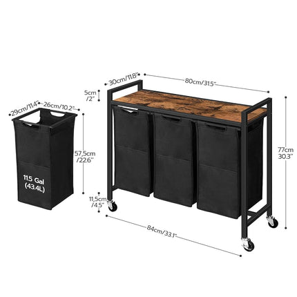 HOOBRO Laundry Sorter 3 Section,Rolling Laundry Hamper with Wheels, 3 × 11.5 Gal (43.5 L), Pull-Out and Removable Oxford Fabric Laundry Bags, Rustic Brown and Black BF76XY01