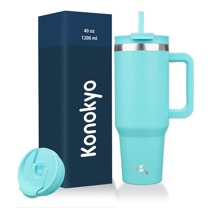 Gobelet Konokyo 40 oz avec poignée et 2 pailles, bouteille d'eau isotherme avec couvercle 2 en 1, tasse de voyage en acier inoxydable, turquoise