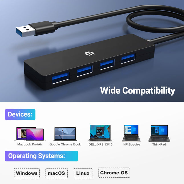 oditton USB Hub, 4-Port USB 3.0 Hub, 5Gbps Transmission Speed, Simplify Your Connections with a 4-Port USB Splitter and Extender for Laptops, Xbox, Flash Drives, Hard Drives and Beyond
