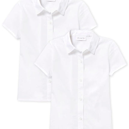 The Children's Place Girls' Short Sleeve Poplin Button Down Shirt, White 2-Pack, X-Small