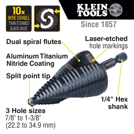 Klein Tools QRST15 Step Drill Bit, Quick Release Spiral Double-Fluted, 7/8 to 1-3/8-Inch, Hex Shank, Cut Steel, Wood, Plastic, Aluminum