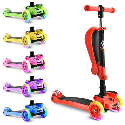 Hurtle 3-Wheeled Scooter for Kids - Wheel LED Lights, Adjustable Lean-to-Steer Handlebar, and Foldable Seat - Sit or Stand Ride with Brake for Boys, Watermelon - Hurtle HURFS79W