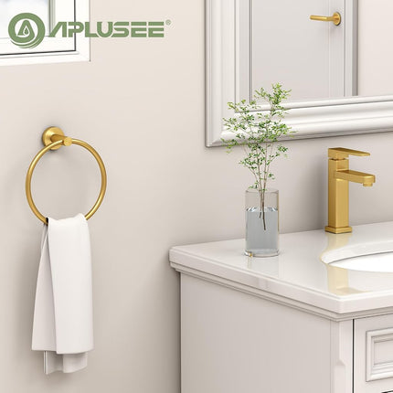 APLusee Hand Towel Ring Brushed Gold, SUS 304 Stainless Steel Round Towel Holder for Contemporary Bathroom Toilet Kitchen Storage, Wall Mounted