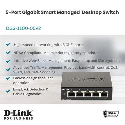 D-Link DGS-1100-05V2 5-Port Gigabit Smart Managed Switch with VLAN support, layer 2 features, QoS, 802.3az EEE, Fanless