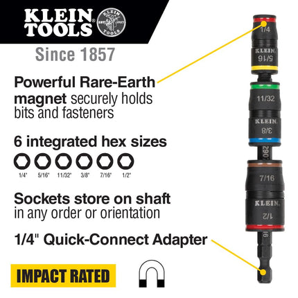 Klein Tools 32907 Impact Driver, 7-in-1 SAE Impact Socket Set, Flip Socket Set with 6 Nut Driver Sizes and 1/4-Inch Bit Holder