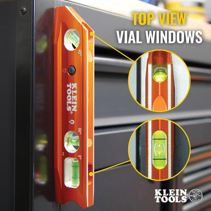 Klein Tools 935RBLT Level, Lighted Torpedo Level with Magnet, 3 Vials and V-Groove, Water and Impact Resistant, Great for Conduit Bending High-Visibility Orange