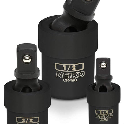 NEIKO 3-Piece Impact Universal Joint-Socket Swivel Set, Socket Extension Set Made from Cr-Mo Steel, Black, 1/4", "3/8", "1/2-Inch Sockets