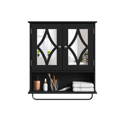 May in Color Vanity Wall Mounted Storage Cabinet, Bathroom Medicine Cabinet with Mirror with Adjustable Shelves and Towel Bar, Hanging Wall Cabinet for Bathroom, Laundry, Living Room, Black