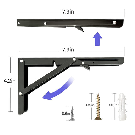 Folding Shelf Brackets, 8 Inch Heavy Duty Foldable Brackets for Wall Mounted Table, 4 Pcs Collapsible Space-Saving Shelf Supports