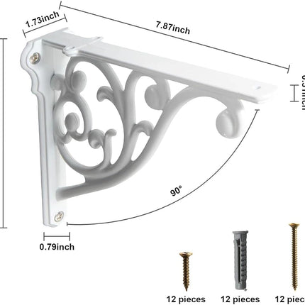 khtumeware 2 Pack 8 Inch Shelf Brackets, White Shelf Brackets,Metal Bracket for Shelves Ornate Heavy Duty Decorative Wall Brackets for Shelves (2, White)