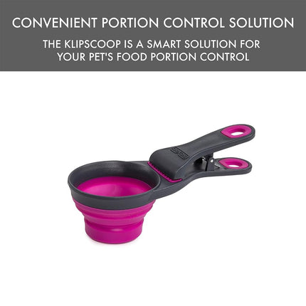 Dexas Pets Collapsible KlipScoop Collapsible Dry Dog Food Scoop and Dog Food Bag Clip, 1/2 Cup Capacity, Fuchsia (PW6504322405)