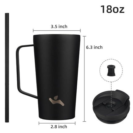 Konokyo Insulated Tumbler with Handle and Straw, 18 OZ Travel Coffee Mug Stainless Steel Cup Metal Water Bottle,Black