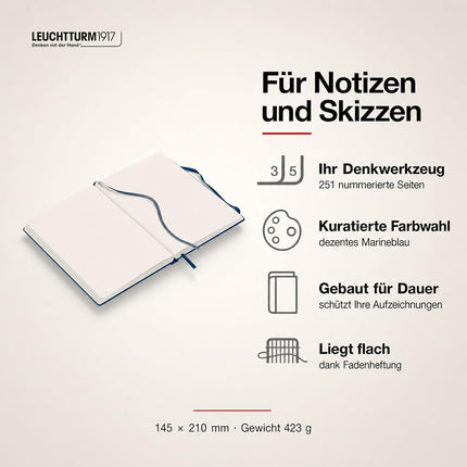 Notebook Medium (A5) Hardcover, 249 Numbered Pages, Plain, Navy