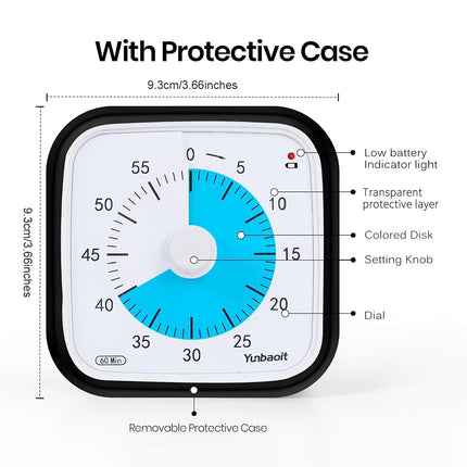 Yunbaoit Upgraded Black Visual Timer with Protective Case, Silent 60 Minute Countdown Timer for Kids and Adults with Low Power Reminder VT01(Black Blue)
