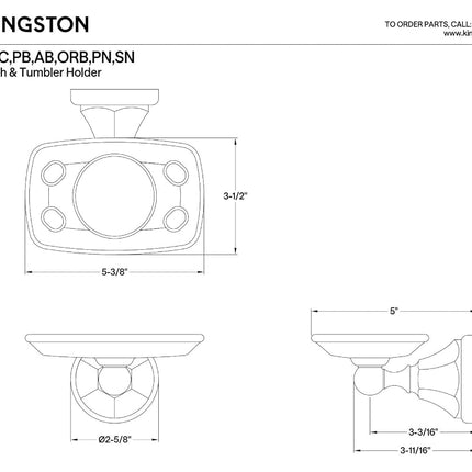 KINGSTON BRASS BA4816C Soporte Metropolitano para Cepillo de Dientes y Vaso, Cromo Pulido, 5-1/4" de Largo, 3-1/8" de Separación de la Pared