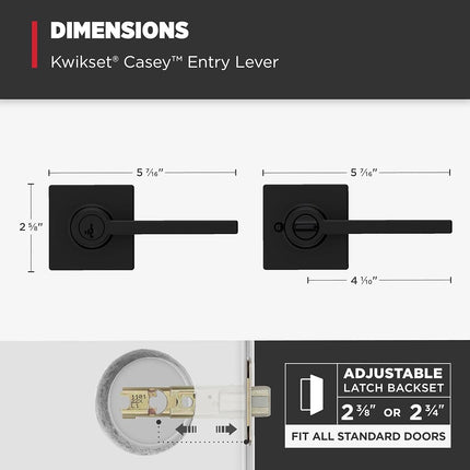 Kwikset Casey Entry Door Handle with Lock and Key, Secure Keyed Reversible Lever Exterior, for Front Entrance and Bedrooms, Matte Black, Pick Resistant Smartkey Rekey Security and Microban