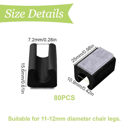 UFURMATE Chair Pads, 80Pcs 12mm Plastic Chair Leg Floor Protectors with Felt Pads, U Shaped Chair Tube Floor Protectors Non-Slip Rectangle Chair Legs Tips Caps for Round Sled Base Chair Leg (Black)