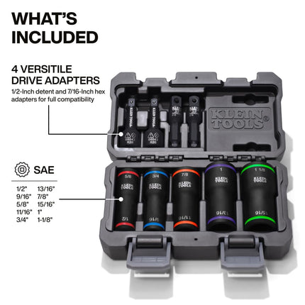 Klein Tools 66055 2-in-1 Flip Socket Set, Color-Coded, 12-Point, Includes 4 Adapters, 3/8-Inch and 1/2-Inch Drive
