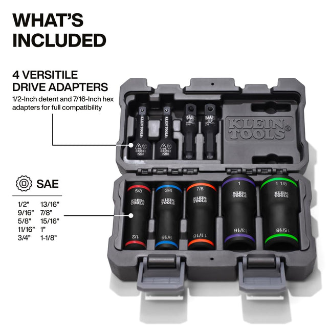 Klein Tools 66055 2-in-1 Flip Socket Set, Color-Coded, 12-Point, Includes 4 Adapters, 3/8-Inch and 1/2-Inch Drive