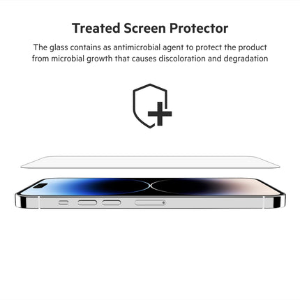 Protector de pantalla Belkin UltraGlass para iPhone 14 Pro Max, con tratamiento antimicrobiano, aplicación sencilla sin burbujas con bandeja de guía de instalación incluida, dureza 9H probada