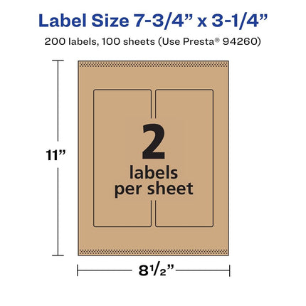 Avery Kraft Brown Rectangle Labels with Sure Feed, 7.75" x 3.25", 200 Kraft Brown Labels, Print-to-The-Edge, Laser/Inkjet Printable Labels
