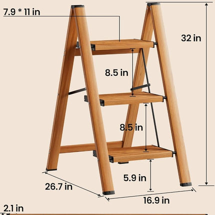 SOLADDER 3 Step Ladder, Folding Step Stool with Anti-Slip Wide Sturdy Pedal, Multi-Use for Home and Kitchen Use, Space Saving-Woodgrain(300 lbs Capacity)