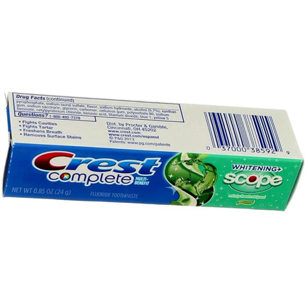 Crest Complete Whitening Plus Scope Minty Fresh Toothpaste, Travel Size, TSA Approved, 0.85 Ounce (Pack of 12)