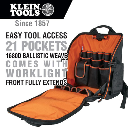 Backpack Tool Bag, Heavy Duty Tool Organizer, 21 Pockets and Large Interior, Includes Flashlight with Work Light Klein Tools 55655