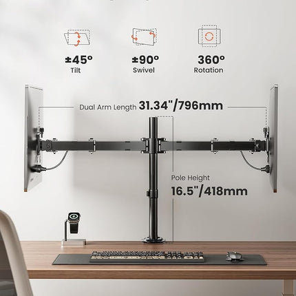 ErGear Dual Monitor Stand for 13 to 32 Inch Screens, Dual Monitor Arm Ergonomic Viewing Angle - Adjustable Tilt 90°/ Swivel 180°/ Rotate 360°/ VESA 75/100mm