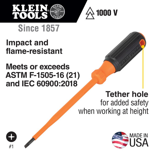 Klein Tools 6816INS Insulated Screwdriver, 1000V 3/16-Inch Cabinet Tip Screwdriver with 6-Inch Shank, Tip-Ident, Cushion-Grip Handle