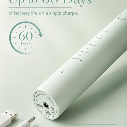 MySmile DY156 Electric Toothbrush for Adults, Rechargeable Sonic Battery Toothbrush Portable with 3 Brush Heads, 2 Mins 5 Modes Smart Timer, 45000VPM, One Charge for 60 Days - Green