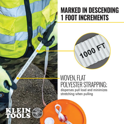 Klein Tools 50122 Cinta métrica para conductos, cinta Mule para extracción de cables y alambres de alta resistencia, 1250 libras x 2000 pies de largo