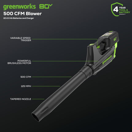 Cortadora de césped eléctrica inalámbrica (de empuje) sin escobillas Greenworks 80 V 21" + Soplador de hojas axial (500 CFM) (más de 75 herramientas compatibles), (2) baterías de 2.0 Ah y cargador rápido de 30 minutos